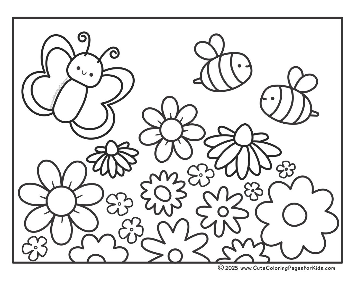 simple flowers with butterfly and bees coloring page