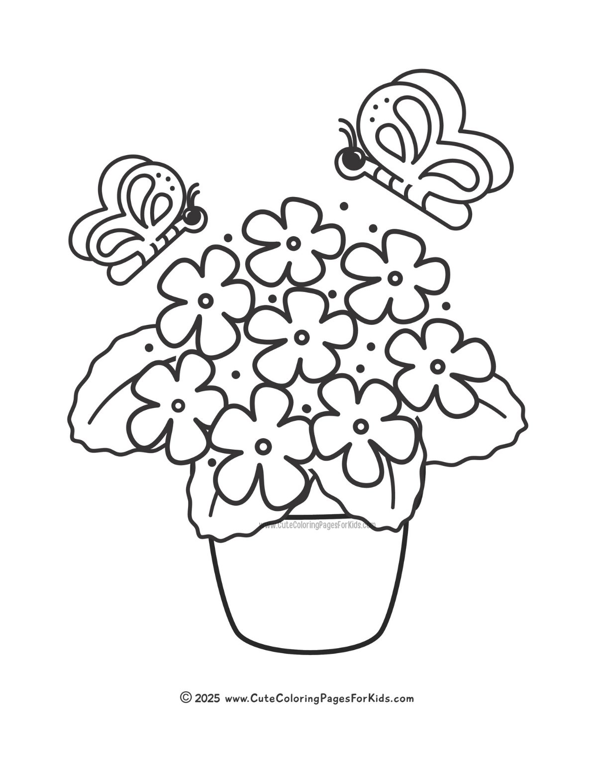 coloring page of a pot of flowers with two butterflies