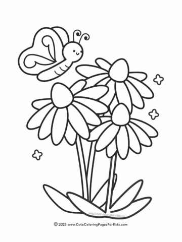 coloring page with flowers and a cute butterfly