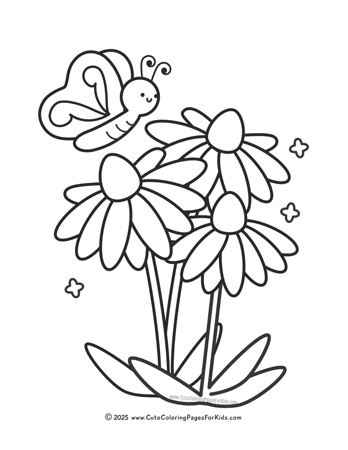 flower coloring page with illustration of three flowers being visited by a cute butterfly