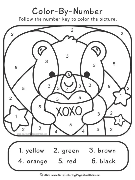 color-by-number sheet with a valentine bear holding a heart