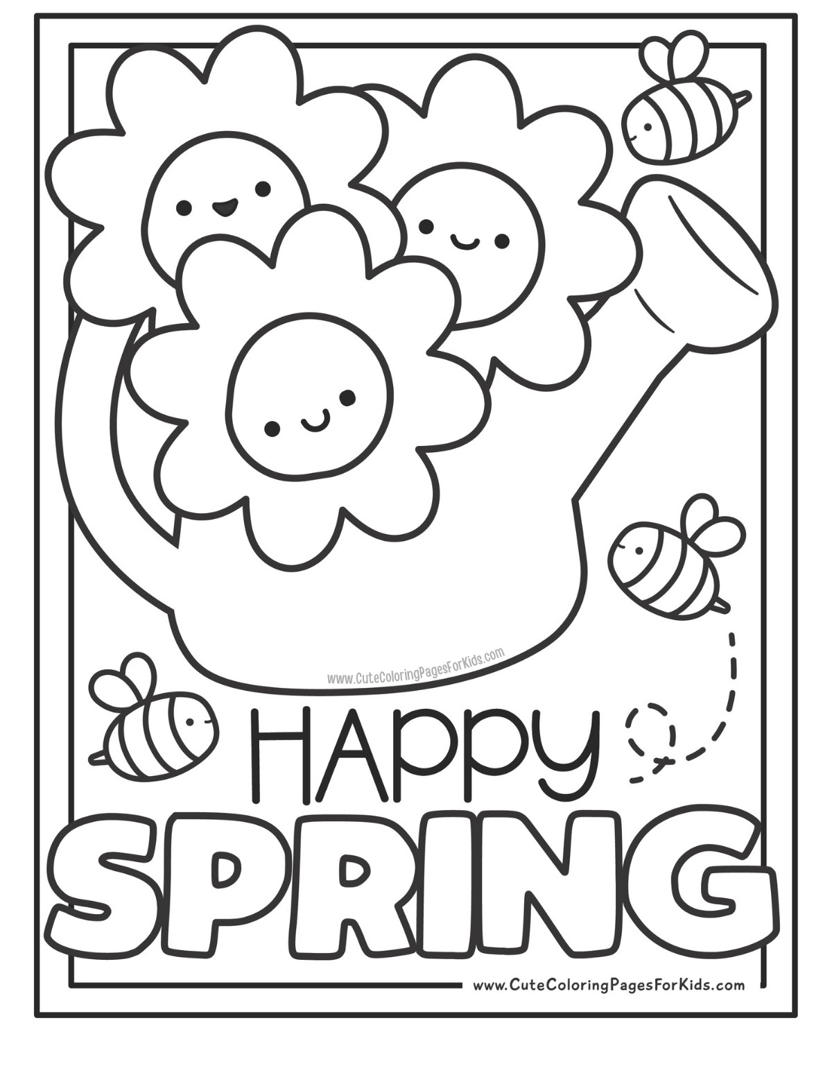 Happy spring coloring page with cute flowers in a watering can and little bees flying around