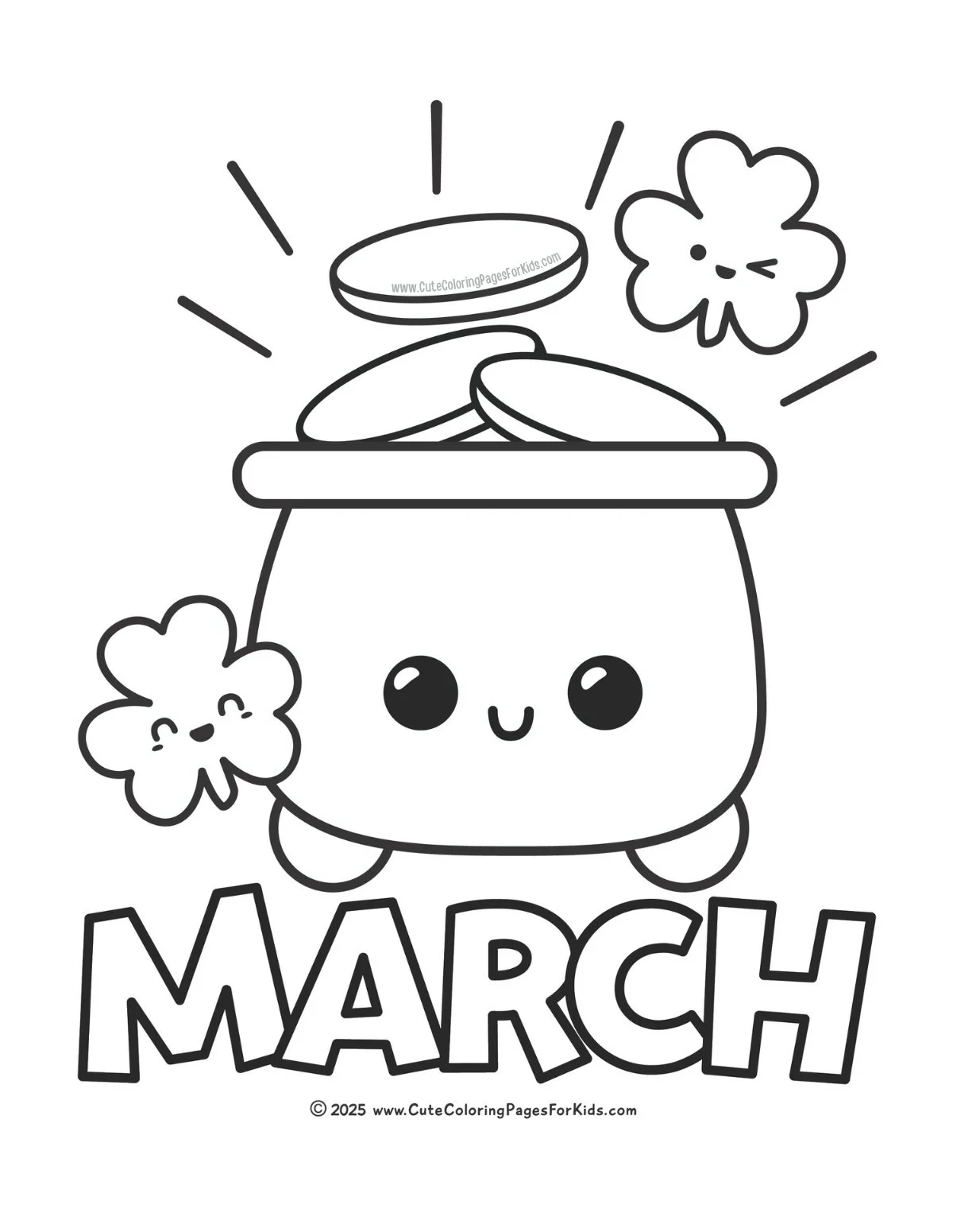 March coloring page with pot of gold and clovers in large simple shapes