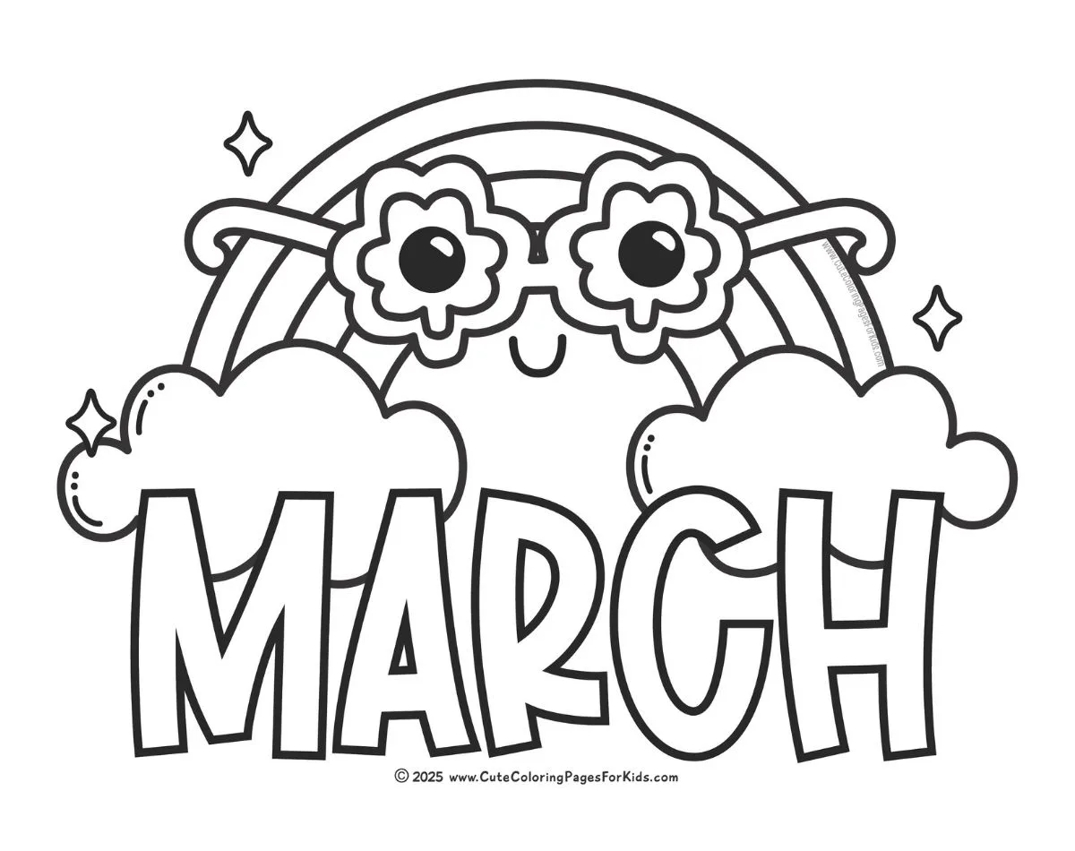 funny march coloring page with rainbow wearing shamrock glasses