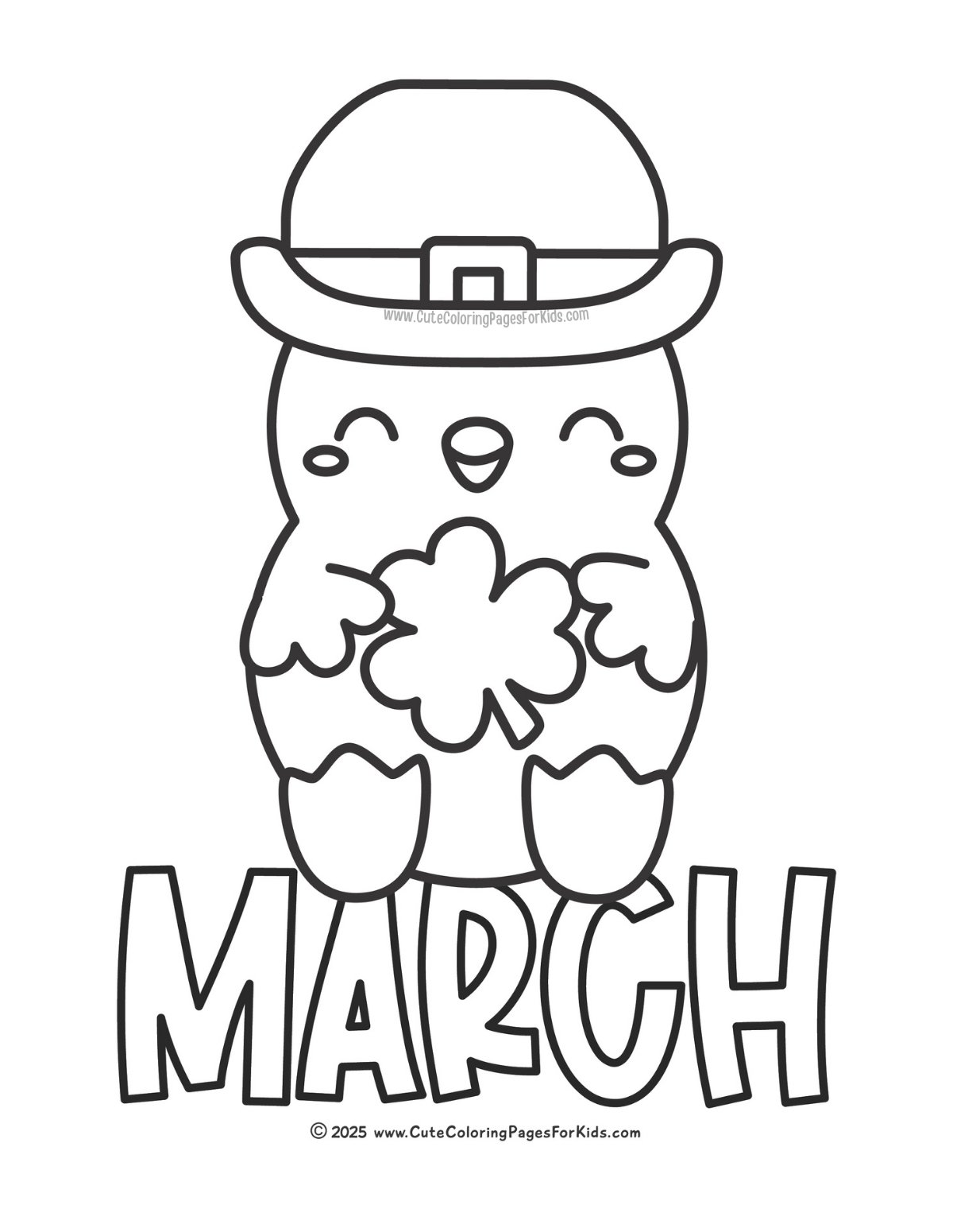 simple march coloring sheet with chick holding a clover