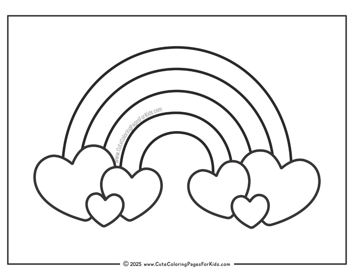 coloring page of rainbow with heart clouds