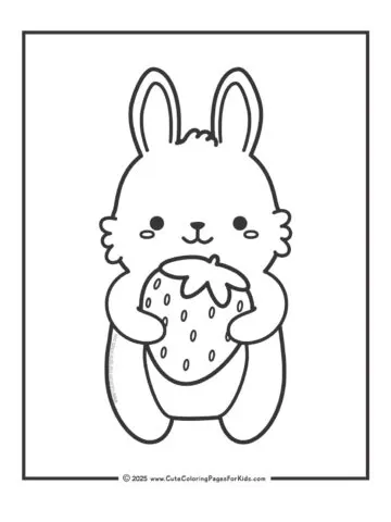 bunny coloring page with picture of a bunny holding a strawberry