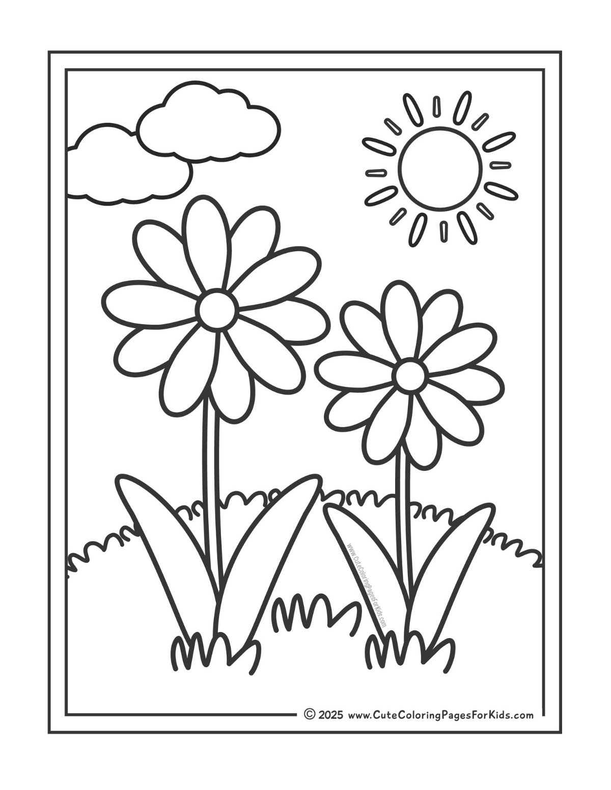 simple daisy coloring page with two daisies on a grassy hill