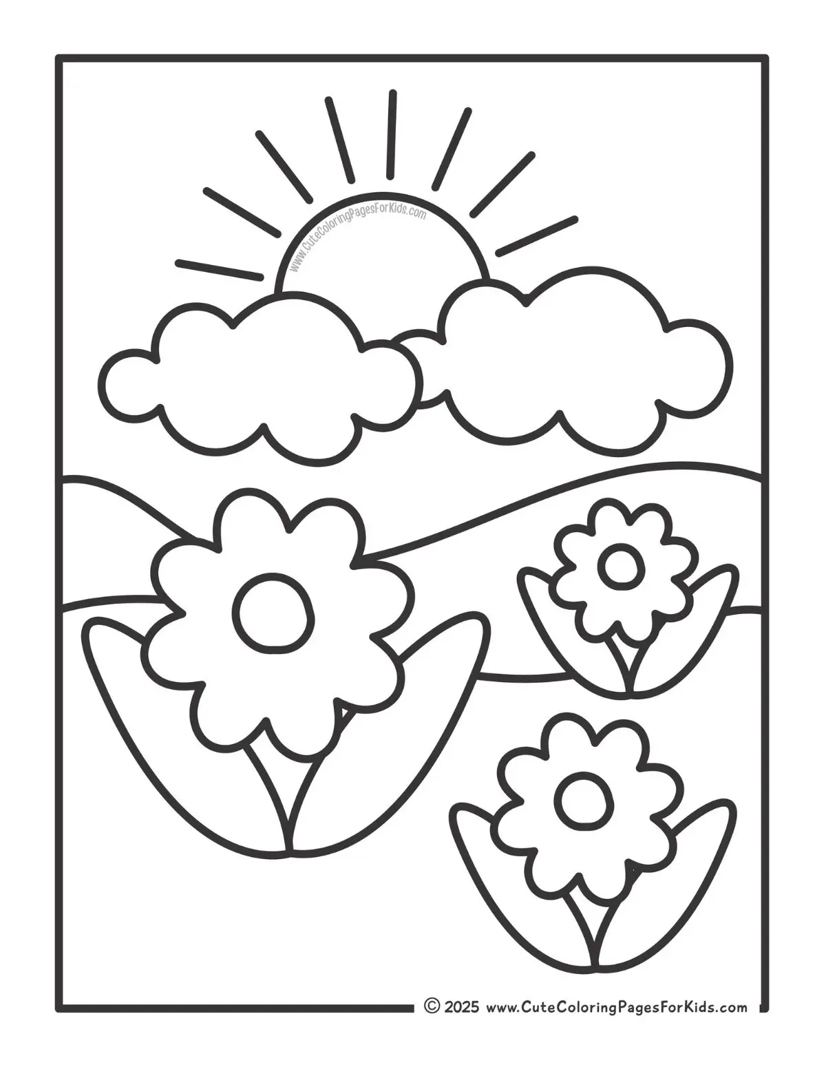 coloring page of blooming flowers in rolling hills with sun shining