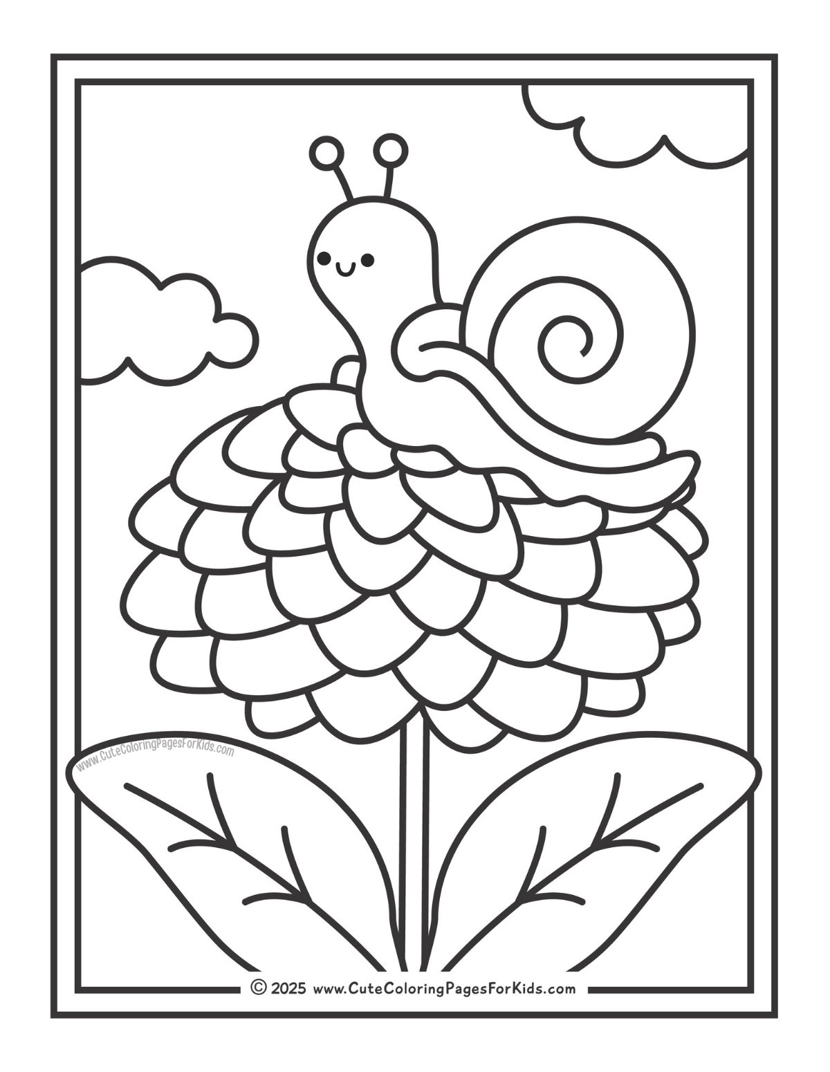 dahlia coloring page with picture of a cute snail sitting on a blooming dahlia flower