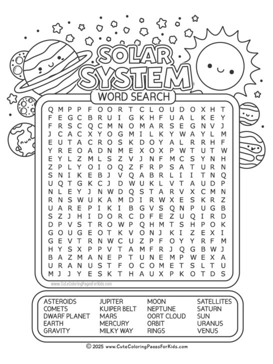 solar system word search with 20 words and illustrations to color