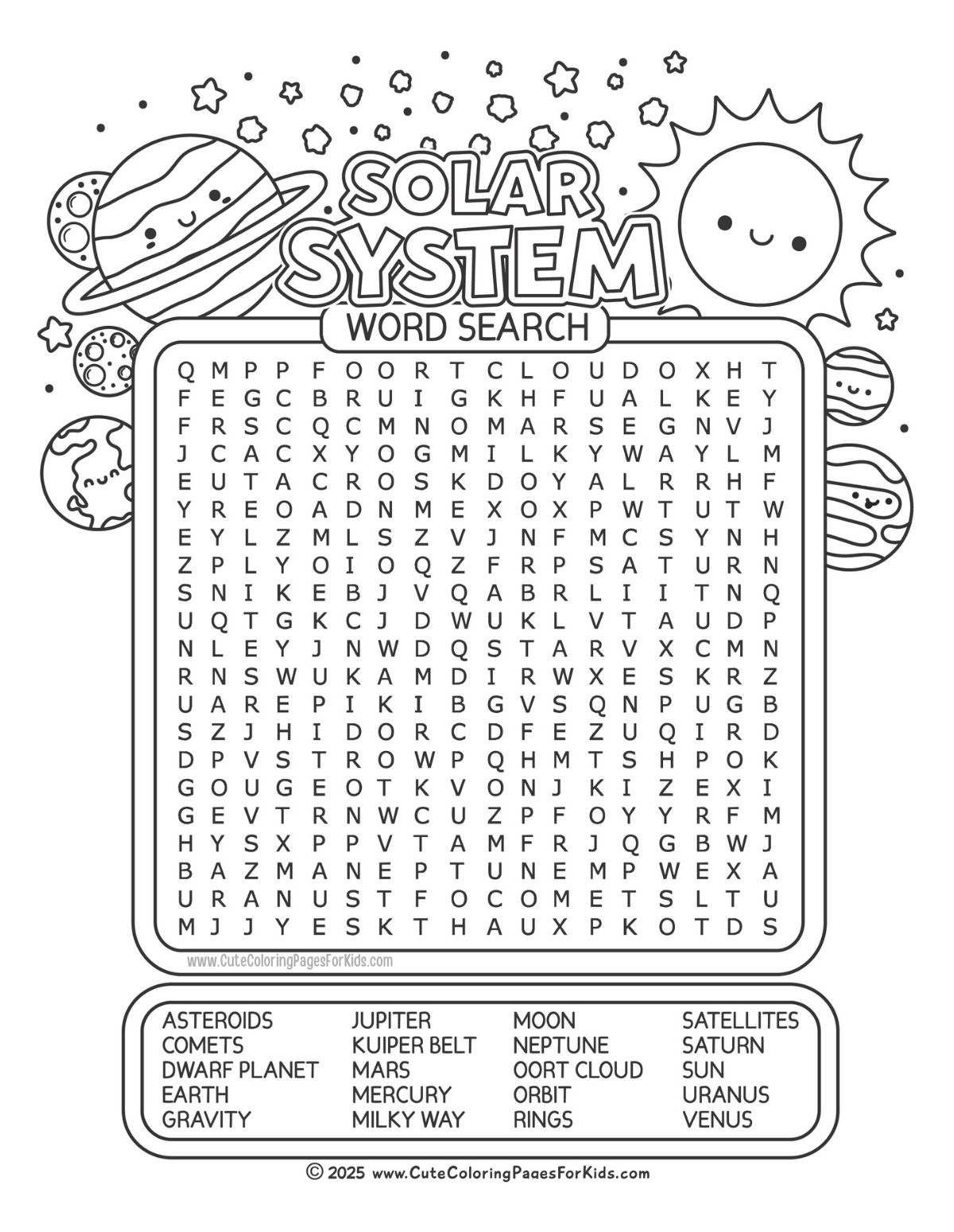 solar system word search with 20 words and illustrations to color