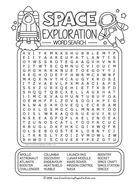 space themed word search with shuttle and astronaut illustrations