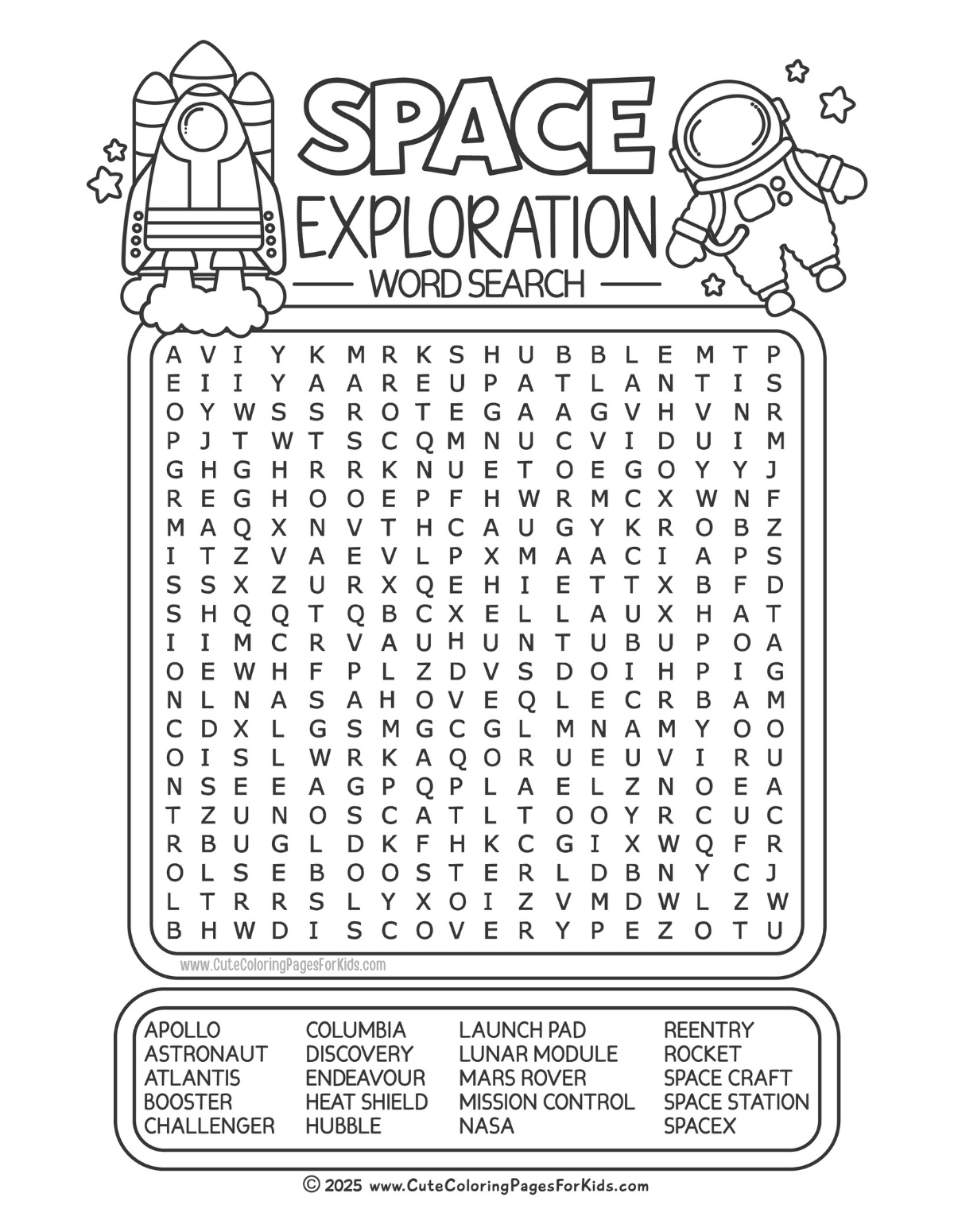 space themed word search with shuttle and astronaut illustrations