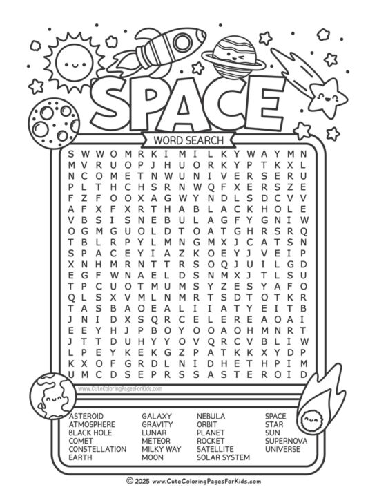 Space word search full page with 23 words, and drawings of sun, moon, planets, meteors, and more