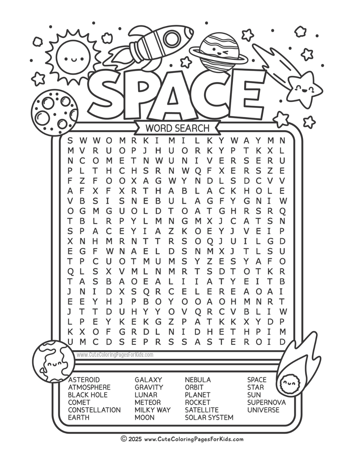 Space word search full page with 23 words, and drawings of sun, moon, planets, meteors, and more