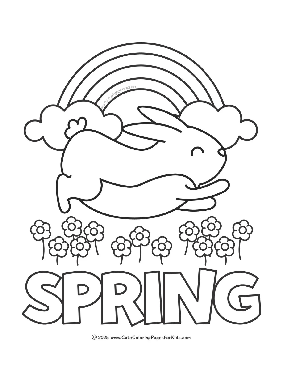 spring coloring sheet with jumping bunny, flowers, and rainbow, with the word Spring