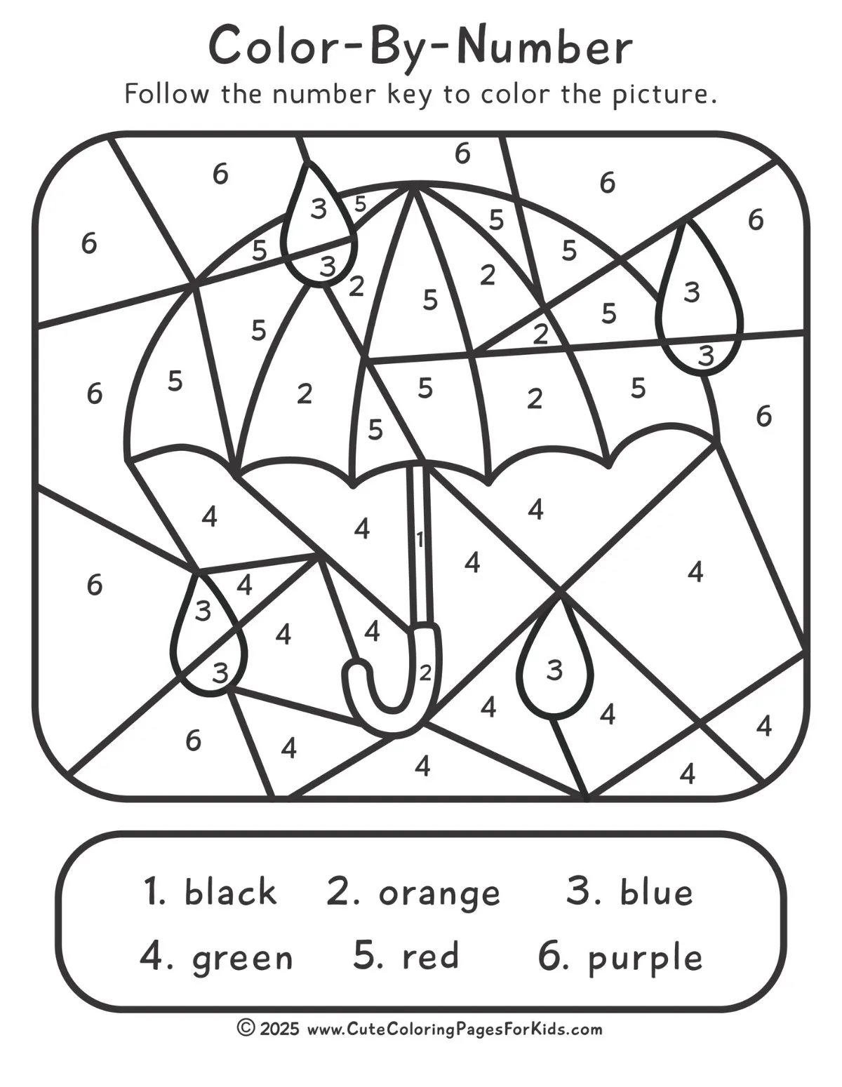 umbrella with rain drops color by number sheet