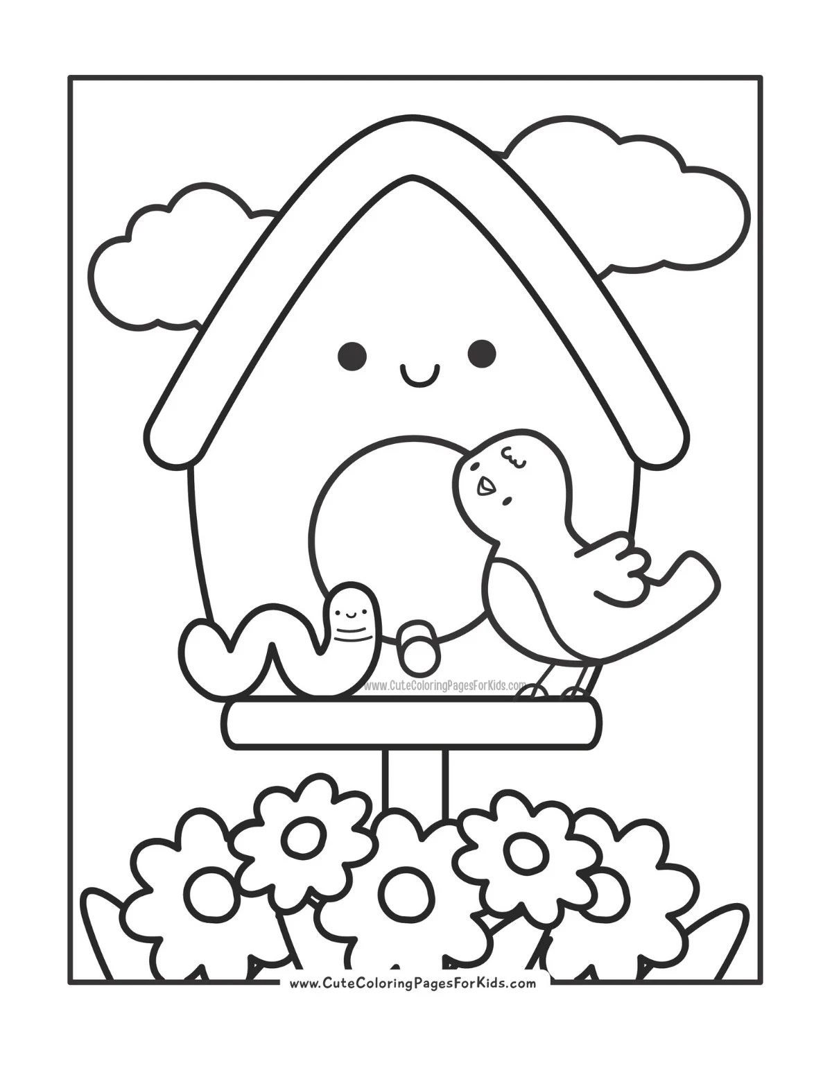 cute birdhouse coloring page with worm, bird, and flowers