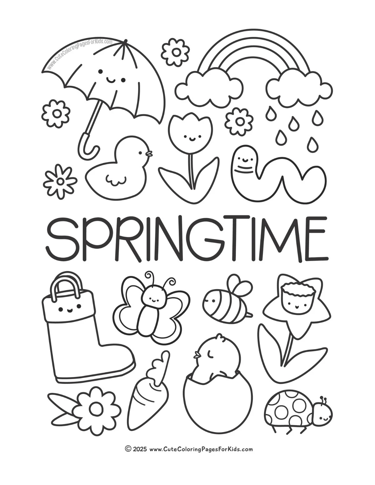 springtime coloring page with collage of cute spring elements