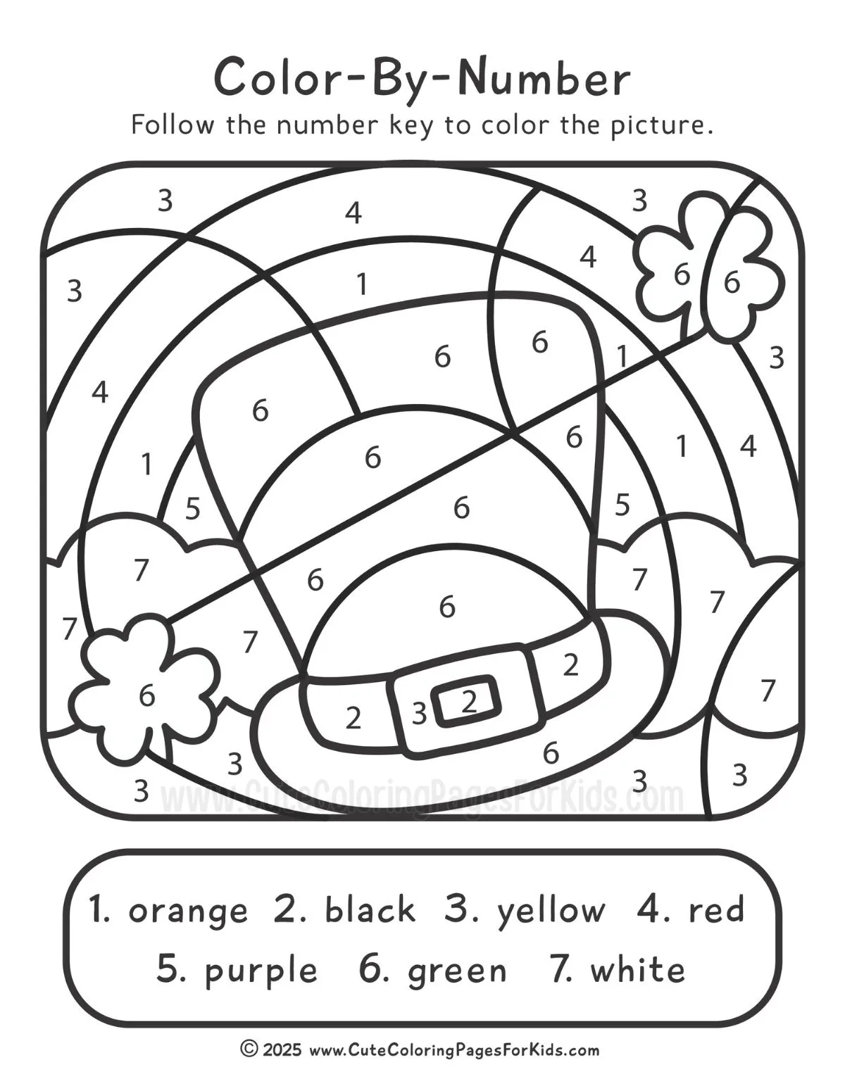 St Patrick's Day color by number page with a leprechaun hat, clovers, and a rainbow