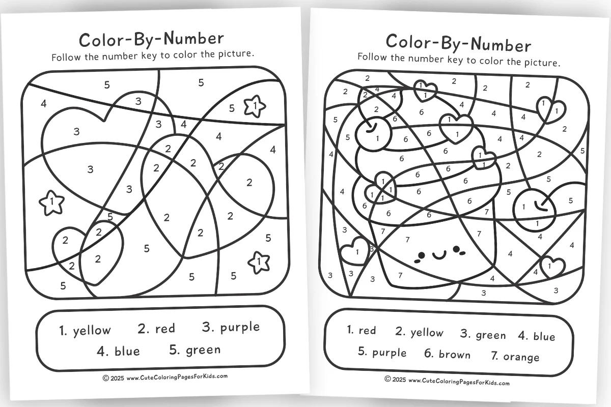 Color by number sheets with lines and numbers, showing illustrations of Valentines elements