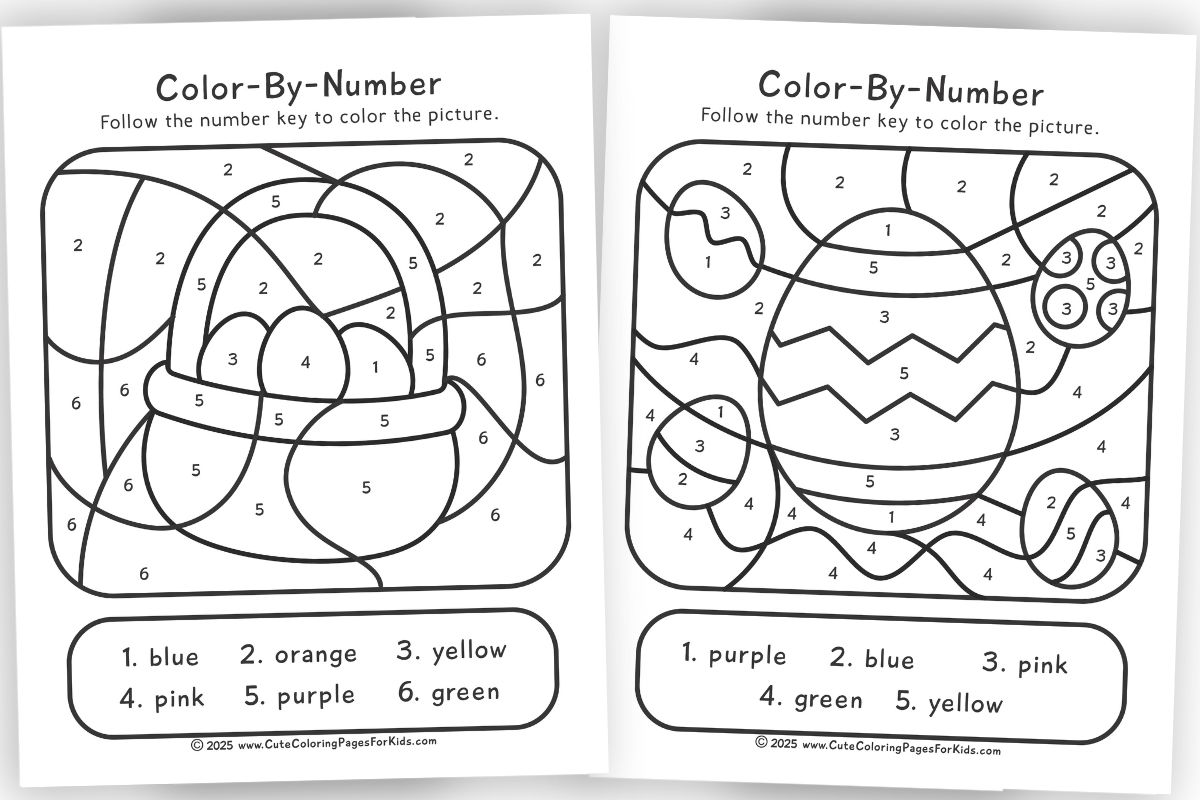 two Easter themed color-by-number sheets for kids