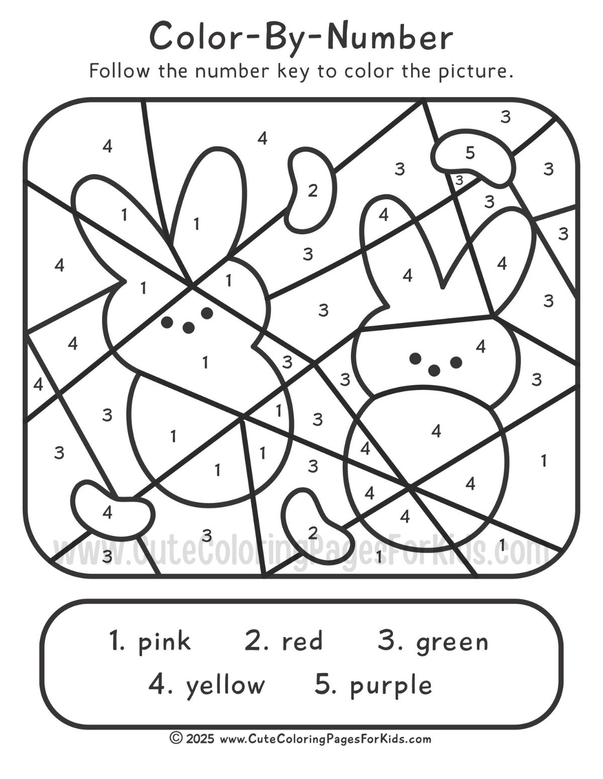 color by number printable with picture of bunny peeps with jelly beans, and a number key coloring code