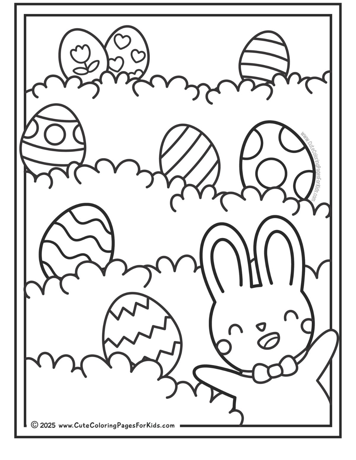 Egg hunt coloring page with picture of a cute bunny and decorated Easter eggs tucked in the bushes