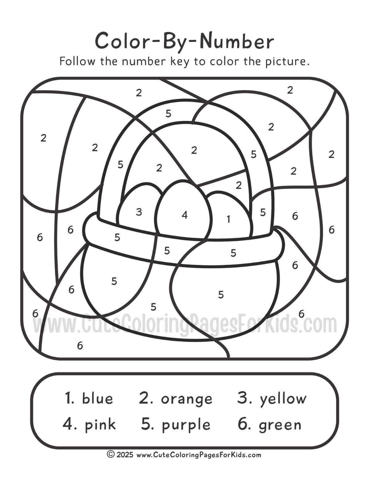 color by number printable with picture of an easter basket and a number key coloring code