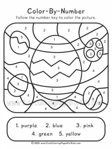 Easter color by number with picture of eggs with patterns and a number key coloring code