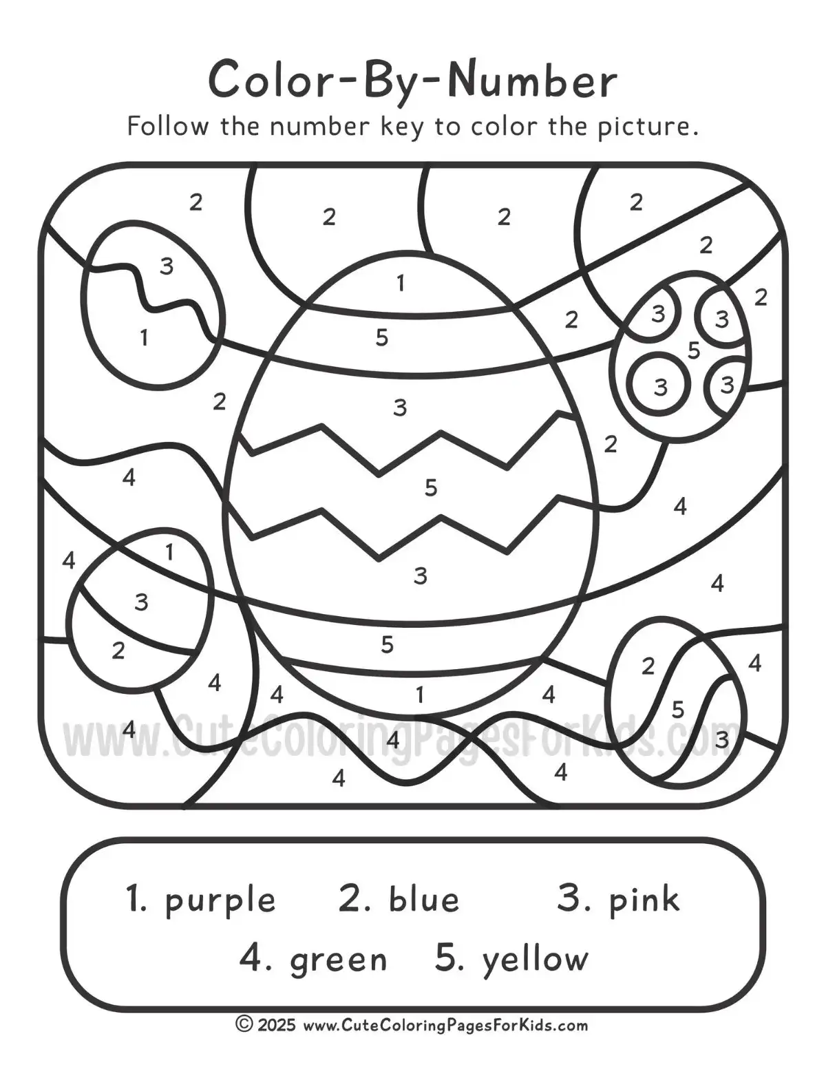 Easter color by number with picture of eggs with patterns and a number key coloring code