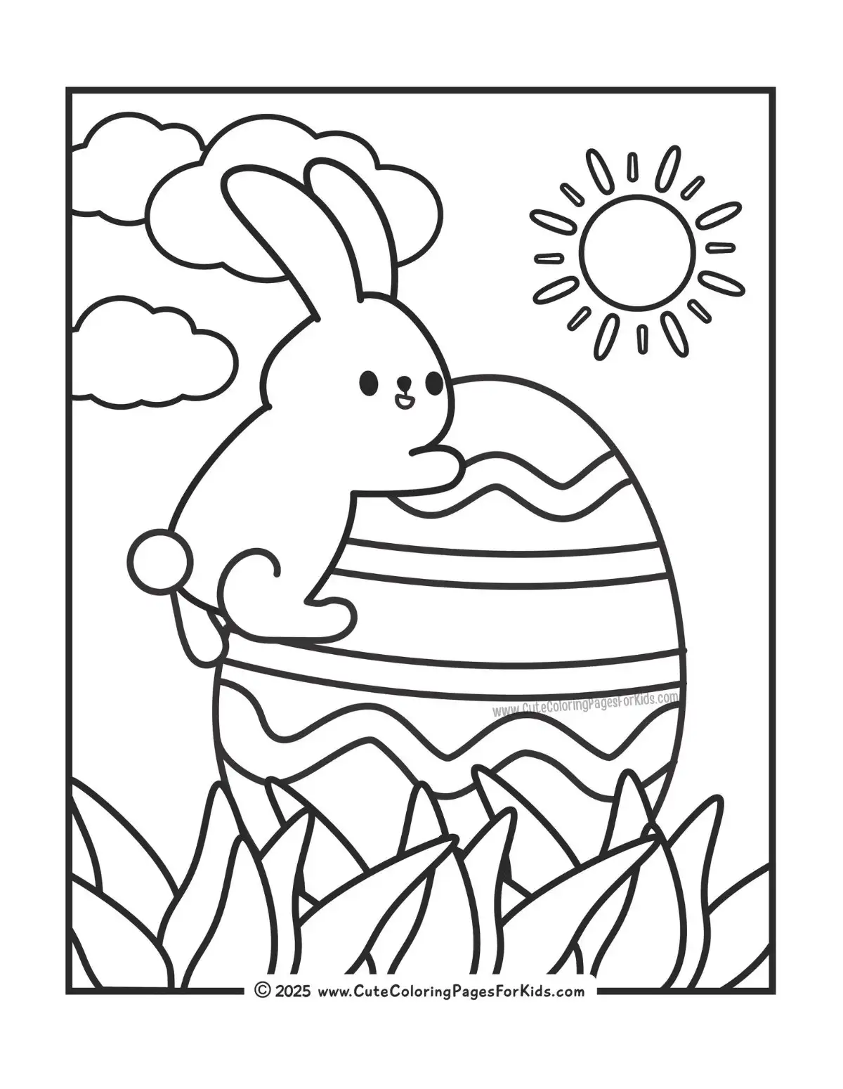 Easter coloring page with bunny climbing a giant, decorated Easter egg