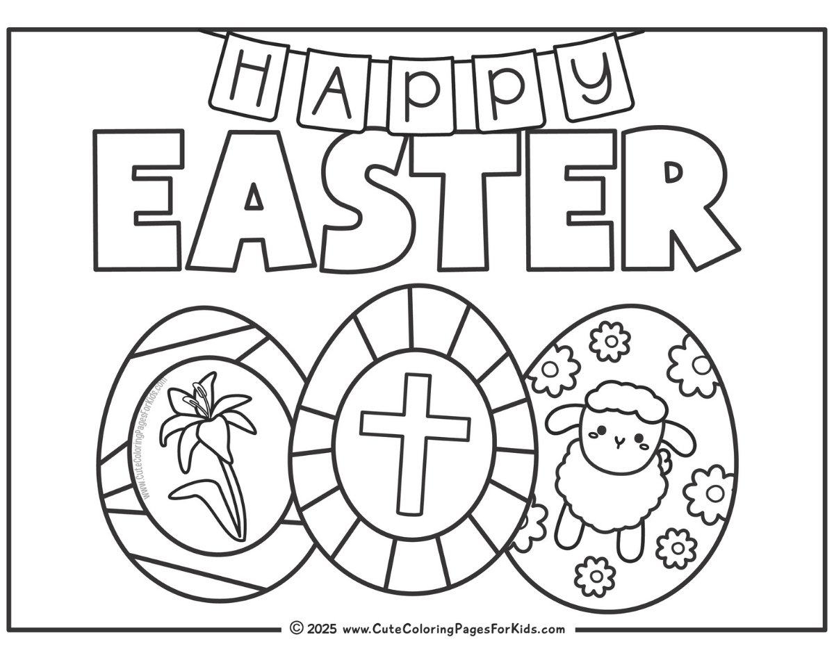 religious Happy Easter coloring page with eggs decorated with a cross, an Easter lily, and a lamb