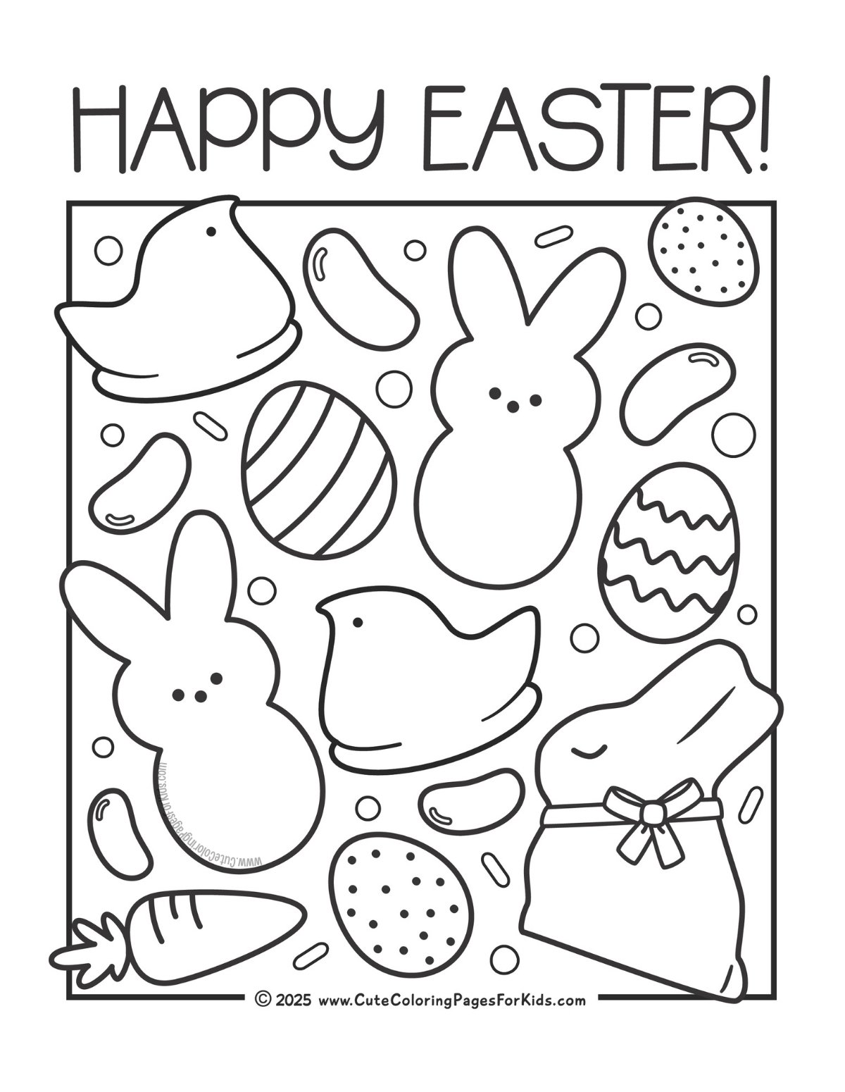 Easter candy and treats coloring page with peeps, chocolate bunny, jelly beans, candy eggs, and carrots