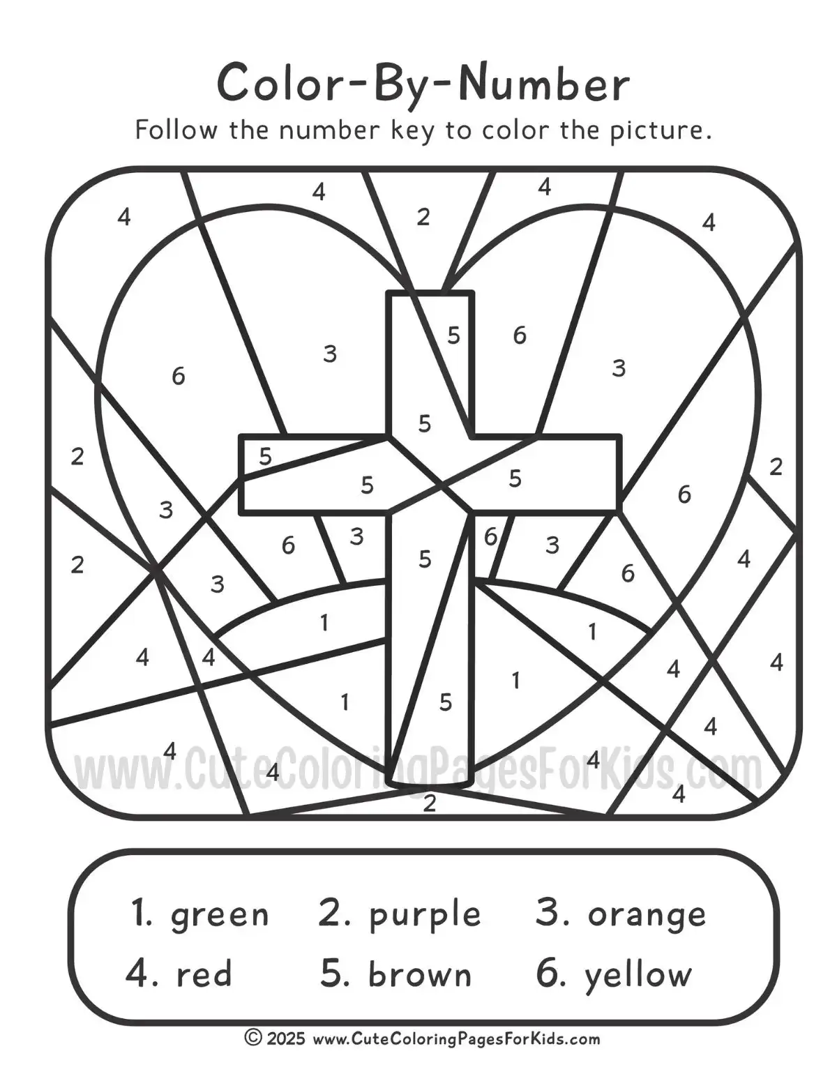 Religious Easter color by number sheet with picture of a cross at sunrise and a coloring key